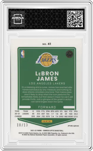 LeBron James from the 2021-22 Panini Donruss Optic set featuring a Purple Stars FOTL parallel graded by Arena Club.
