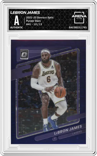 LeBron James from the 2021-22 Panini Donruss Optic set featuring a Purple Stars FOTL parallel graded by Arena Club.