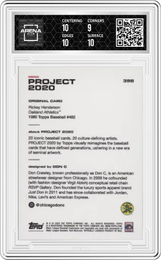 Rickey Henderson from the 2020 Topps Project 2020  set graded by Arena Club and given an overall grade of 9.5.