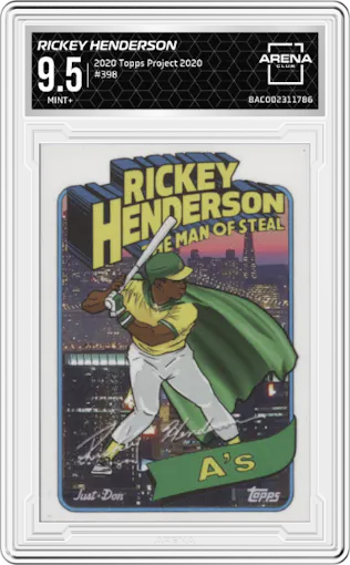 Rickey Henderson from the 2020 Topps Project 2020  set graded by Arena Club and given an overall grade of 9.5.