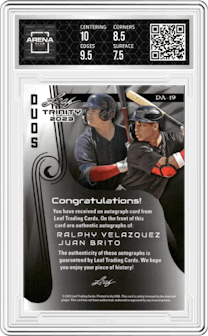 Ralphy Velazquez / Juan Brito from the 2023 Leaf Trinity set featuring a Green parallel graded by Arena Club and given an overall grade of 8.