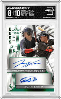 Ralphy Velazquez / Juan Brito from the 2023 Leaf Trinity set featuring a Green parallel graded by Arena Club and given an overall grade of 8.