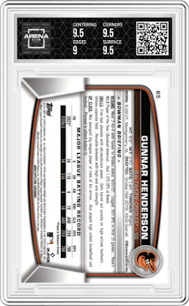 Gunnar Henderson from the 2023 Bowman Mega Box set graded by Arena Club and given an overall grade of 9.5.