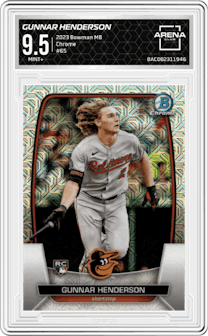 Gunnar Henderson from the 2023 Bowman Mega Box set graded by Arena Club and given an overall grade of 9.5.