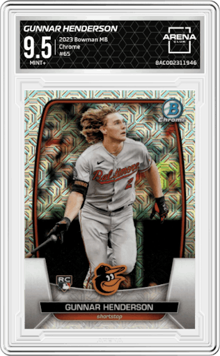 Gunnar Henderson from the 2023 Bowman Mega Box set graded by Arena Club and given an overall grade of 9.5.