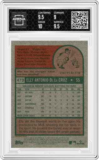 Elly De La Cruz from the 2024 Topps Heritage set graded by Arena Club and given an overall grade of 9.5.
