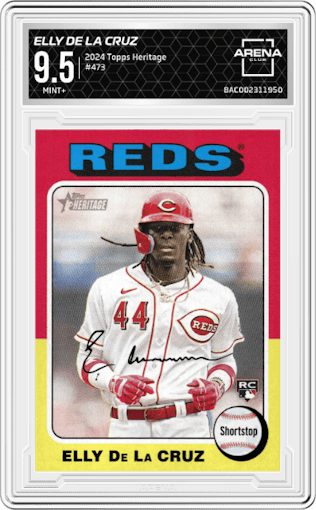 Elly De La Cruz from the 2024 Topps Heritage set graded by Arena Club and given an overall grade of 9.5.