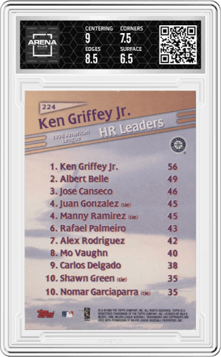 Ken Griffey Jr. from the 1999 Topps set graded by Arena Club and given an overall grade of 7.
