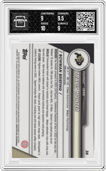 Travis Hunter  from the 2023 Bowman Chrome University set graded by Arena Club and given an overall grade of 9.5.