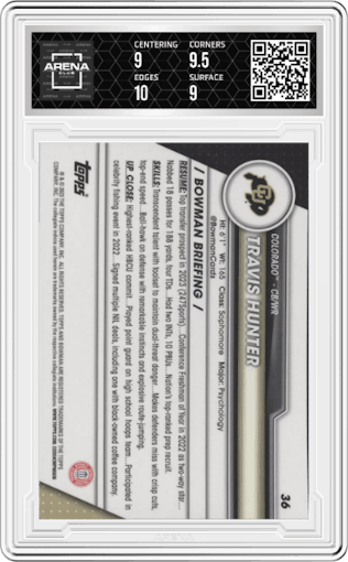 Travis Hunter  from the 2023 Bowman Chrome University set graded by Arena Club and given an overall grade of 9.5.