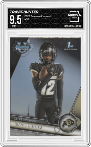 Travis Hunter  from the 2023 Bowman Chrome University set graded by Arena Club and given an overall grade of 9.5.