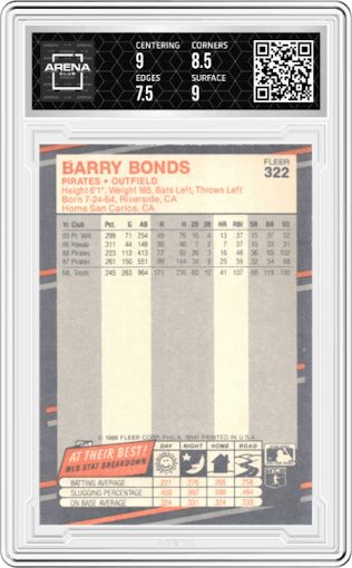 Barry Bonds from the 1988 Fleer set graded by Arena Club and given an overall grade of 8.
