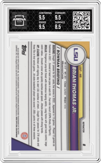 Brian Thomas Jr. from the 2023 Bowman Chrome University set featuring a Refractor parallel graded by Arena Club and given an overall grade of 9.
