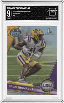 Brian Thomas Jr. from the 2023 Bowman Chrome University set featuring a Refractor parallel graded by Arena Club and given an overall grade of 9.