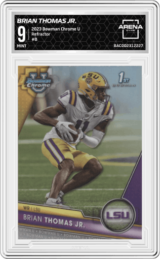 Brian Thomas Jr. from the 2023 Bowman Chrome University set featuring a Refractor parallel graded by Arena Club and given an overall grade of 9.