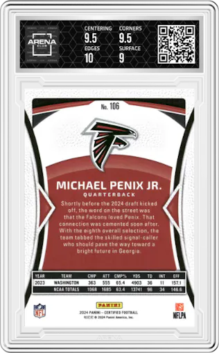Micheal Penix Jr. from the 2024 Panini Certified set featuring a Mirror parallel graded by Arena Club and given an overall grade of 9.5.