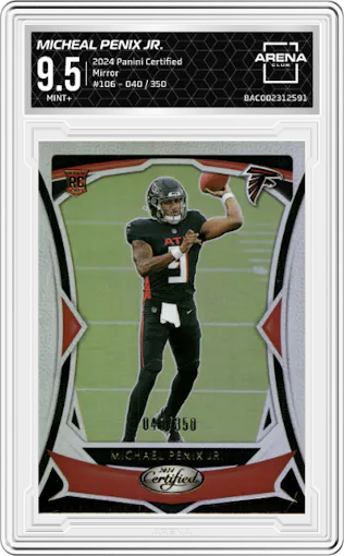 Micheal Penix Jr. from the 2024 Panini Certified set featuring a Mirror parallel graded by Arena Club and given an overall grade of 9.5.