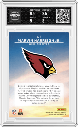 Marvin Harrison Jr. from the 2024 Panini Certified set featuring a Mirror Blue  parallel graded by Arena Club and given an overall grade of 8.5.