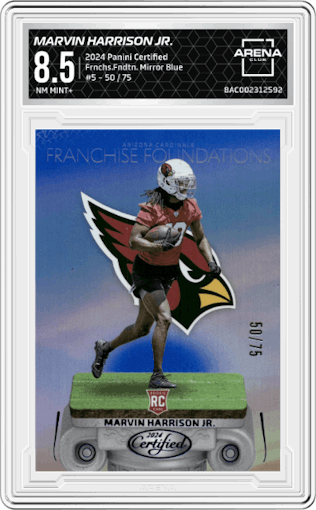 Marvin Harrison Jr. from the 2024 Panini Certified set featuring a Mirror Blue  parallel graded by Arena Club and given an overall grade of 8.5.