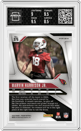 Marvin Harrison Jr. from the 2024 Panini Prizm set featuring a Silver Prizm parallel graded by Arena Club and given an overall grade of 9.