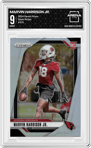 Marvin Harrison Jr. from the 2024 Panini Prizm set featuring a Silver Prizm parallel graded by Arena Club and given an overall grade of 9.