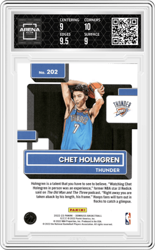 Chet Holmgren from the 2022-23 Panini Donruss set featuring a Green Holo Laser parallel graded by Arena Club and given an overall grade of 9.5.