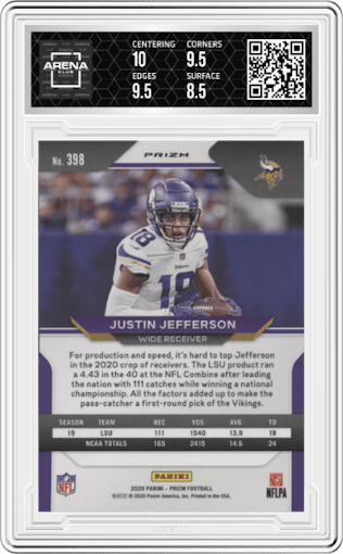Justin Jefferson from the 2020 Panini Prizm set featuring a Green Prizm parallel graded by Arena Club and given an overall grade of 9.