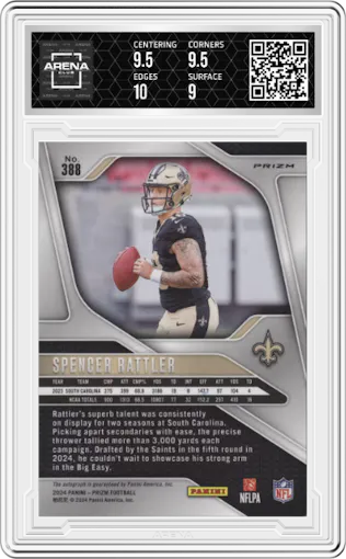 Spencer Rattler from the 2024 Panini Prizm set featuring a  Silver  parallel graded by Arena Club and given an overall grade of 9.5.
