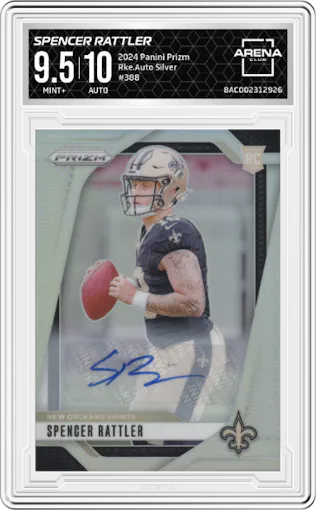 Spencer Rattler from the 2024 Panini Prizm set featuring a  Silver  parallel graded by Arena Club and given an overall grade of 9.5.