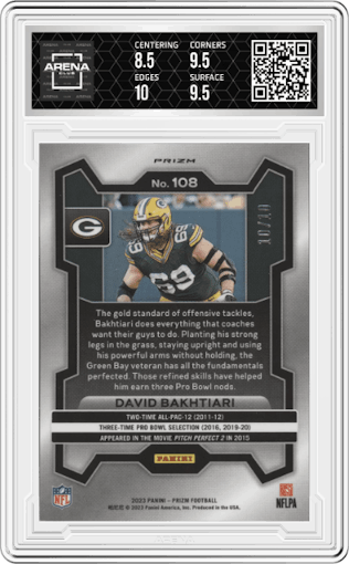 David Bakhtiari from the 2023 Panini Prizm set featuring a Gold Prizm parallel graded by Arena Club and given an overall grade of 9.