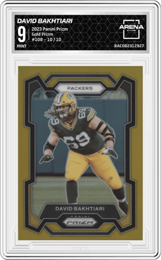 David Bakhtiari from the 2023 Panini Prizm set featuring a Gold Prizm parallel graded by Arena Club and given an overall grade of 9.