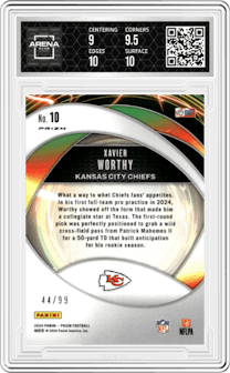 Xavier Worthy from the 2024 Panini Prizm set featuring a Blue Ice Prizms parallel graded by Arena Club and given an overall grade of 9.5.