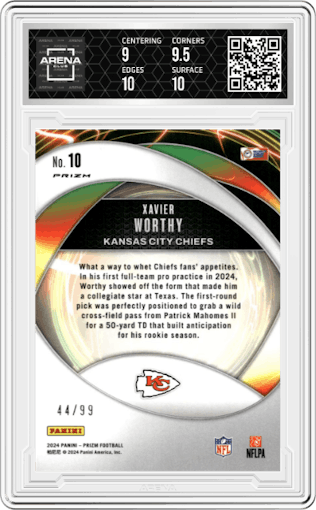 Xavier Worthy from the 2024 Panini Prizm set featuring a Blue Ice Prizms parallel graded by Arena Club and given an overall grade of 9.5.