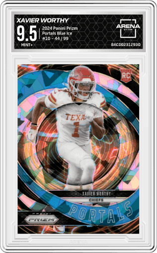 Xavier Worthy from the 2024 Panini Prizm set featuring a Blue Ice Prizms parallel graded by Arena Club and given an overall grade of 9.5.