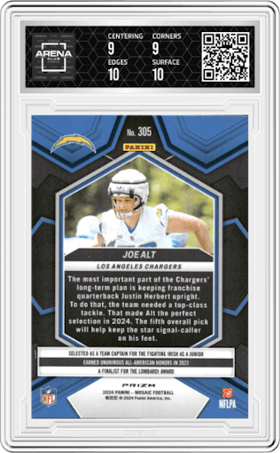 Joe Alt from the 2024 Panini Mosaic set featuring a Genesis parallel graded by Arena Club and given an overall grade of 9.5.