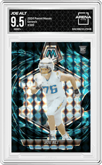 Joe Alt from the 2024 Panini Mosaic set featuring a Genesis parallel graded by Arena Club and given an overall grade of 9.5.