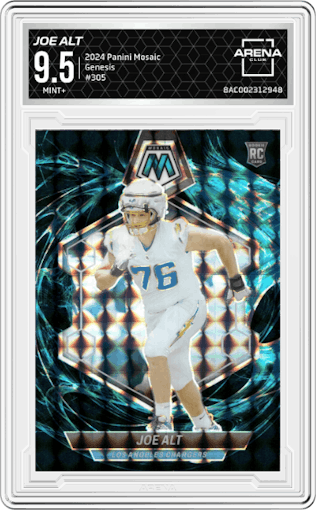Joe Alt from the 2024 Panini Mosaic set featuring a Genesis parallel graded by Arena Club and given an overall grade of 9.5.