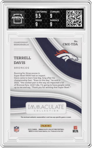 Terrell Davis from the 2023 Panini Immaculate Collection  set graded by Arena Club and given an overall grade of 9.