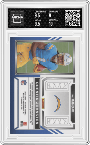 Quentin Johnston from the 2023 Panini Obsidian set featuring a Electric Etch Orange parallel graded by Arena Club and given an overall grade of 9.5.