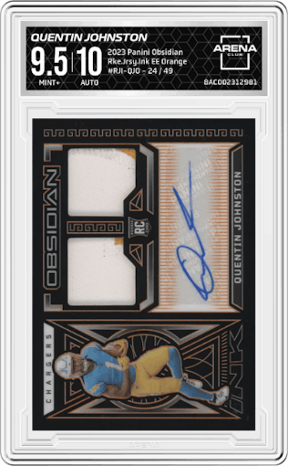Quentin Johnston from the 2023 Panini Obsidian set featuring a Electric Etch Orange parallel graded by Arena Club and given an overall grade of 9.5.