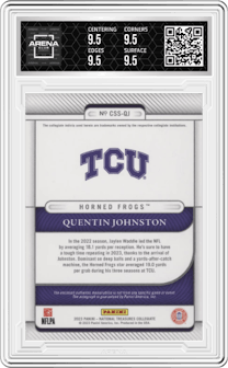 Quentin Johnston from the 2023 Panini National Treasures Collegiate set graded by Arena Club and given an overall grade of 9.5.