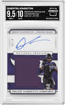 Quentin Johnston from the 2023 Panini National Treasures Collegiate set graded by Arena Club and given an overall grade of 9.5.