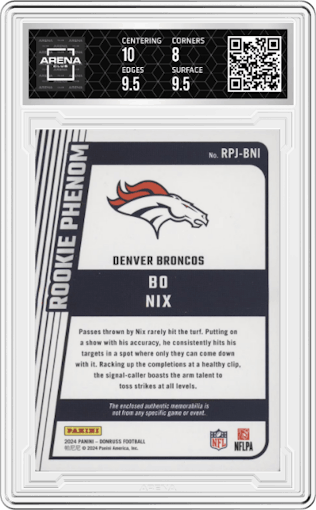 Bo Nix from the 2024 Donruss set featuring a Prime parallel graded by Arena Club and given an overall grade of 8.5.