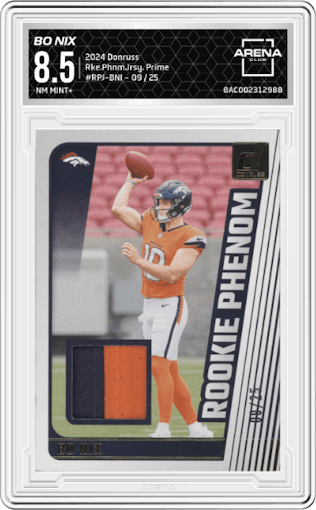 Bo Nix from the 2024 Donruss set featuring a Prime parallel graded by Arena Club and given an overall grade of 8.5.