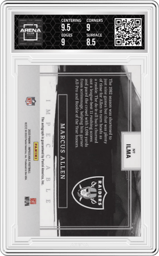 Marcus Allen from the 2023 Panini Impeccable set graded by Arena Club and given an overall grade of 9.
