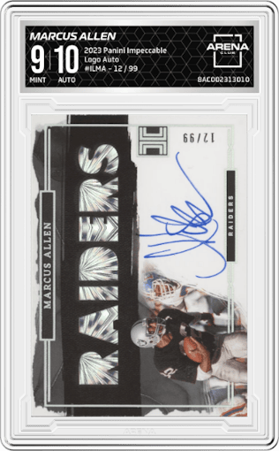 Marcus Allen from the 2023 Panini Impeccable set graded by Arena Club and given an overall grade of 9.