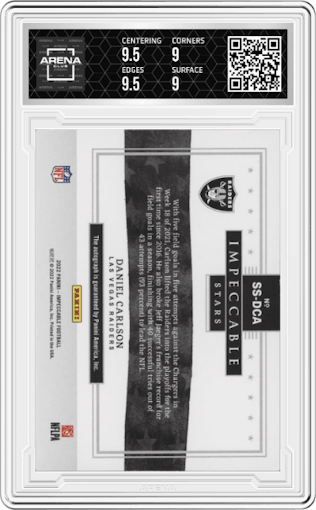 Daniel Carlson from the 2023 Panini Impeccable set featuring a Silver parallel graded by Arena Club and given an overall grade of 9.5.