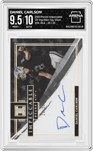 Daniel Carlson from the 2023 Panini Impeccable set featuring a Silver parallel graded by Arena Club and given an overall grade of 9.5.