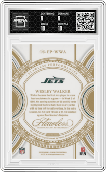 Wesley Walker from the 2023 Panini Flawless set featuring a Sapphire parallel graded by Arena Club and given an overall grade of 9.5.