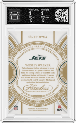 Wesley Walker from the 2023 Panini Flawless set featuring a Sapphire parallel graded by Arena Club and given an overall grade of 9.5.